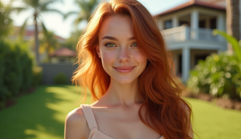 masterpiece、1. absolute realism、hyperrealistic photography、Light skin with Latin undertones、((Waist-up representation:1.5))、(ultra high resolution)、(8k)、(Extremely realistic details)、(Long hair, redhead, slightly wavy)、(Detailed hair texture)、calm and natural expression、light but genuine smile、large and expressive eyes、Green eyes with depth、Long and natural eyelashes、Warm natural garden lighting、Soft sunlight filtered through the leaves、Direct gaze into the camera with warmth、Toned and healthy body、slim and defined waist、Natural environment with green garden and vibrant flowers、Modern house in background、Relaxed and homely atmosphere、casual summer and relaxed clothing、((minimal neckline:0.1))、Fresh and natural look without excessive makeup、Realistic skin texture with pore details and natural highlights、Naturally hydrated lips、soft shadows created by sunlight、subtle latin features