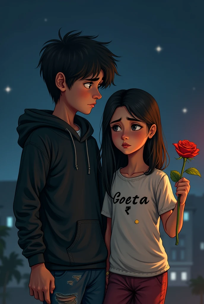 A 1  boy, hear   style  ,  hoodie ,  black durty clothes , and handsome boy, side at one girl hend in 🌹 
in name Geeta , doing lattering , One rupee in hand, weaping , t shirt on writing bold name Geeta whe background night star real pic smail

