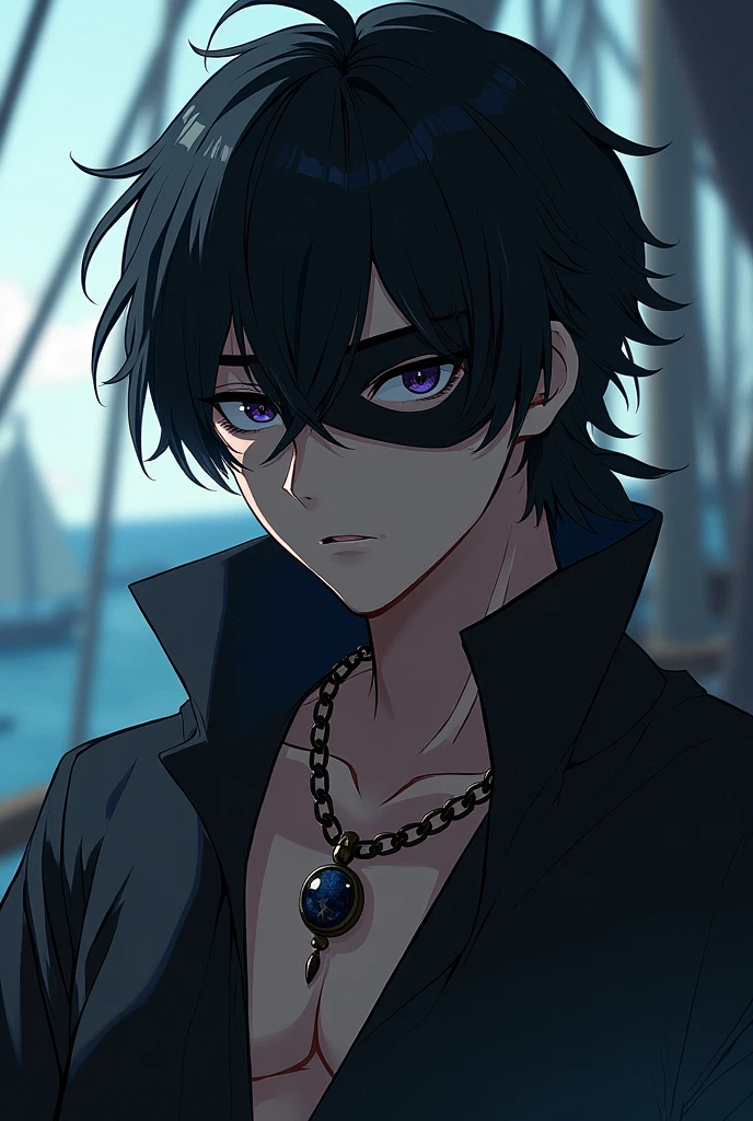 Create a character in the anime sense Pirate with hair on the eye and black Put on mask Boy