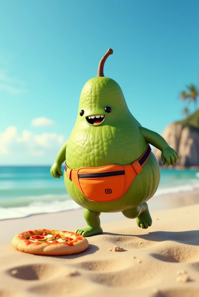 A chayote with a fanny pack on his waist on the beach kicking a pizza