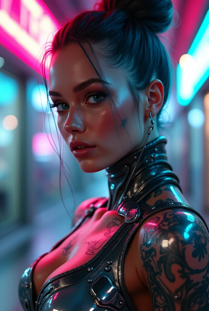 Image designer "cyberpunk & realistic". Futuristic depiction of a perfectly tattooed woman with high-tech mechanical prosthetics. Embrace the cyberpunk aesthetic with neon lights and bright tattoos, maintaining the realistic portrayal of its features. "The ilumination" Dynamic neon lighting with natural light sources to highlight cyberpunk tattoos and prosthetics, maintaining realistic shadows and highlights. "Camera positioning" Camera positioning fora do centro e em close-up, Capturing dynamic pose to show off cyberpunk tattoos and high-tech prosthetics in detail. "Paleta de cores" Cyberpunk-inspired color palette with neon tones like electric blue, fluorescent pink, and bright green, complemented by realistic skin tones and metallic details for representation of advanced technology.