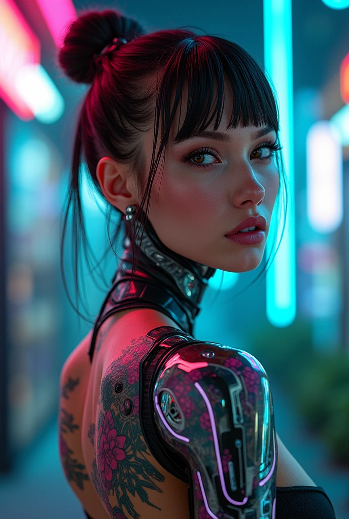 a cyberpunk girl, cyberpunk aesthetic, neon city, holographic interface, futuristic technology, intricate machinery, glowing panels, chrome accents, high-contrast lighting, moody color palette, dramatic shadows, detailed facial features, piercing eyes, strong jawline, sleek hairstyle, android implants, robotic limbs, advanced prosthetics, glossy skin, luminous aura, (best quality,4k,8k,highres,masterpiece:1.2),ultra-detailed,(realistic,photorealistic,photo-realistic:1.37)