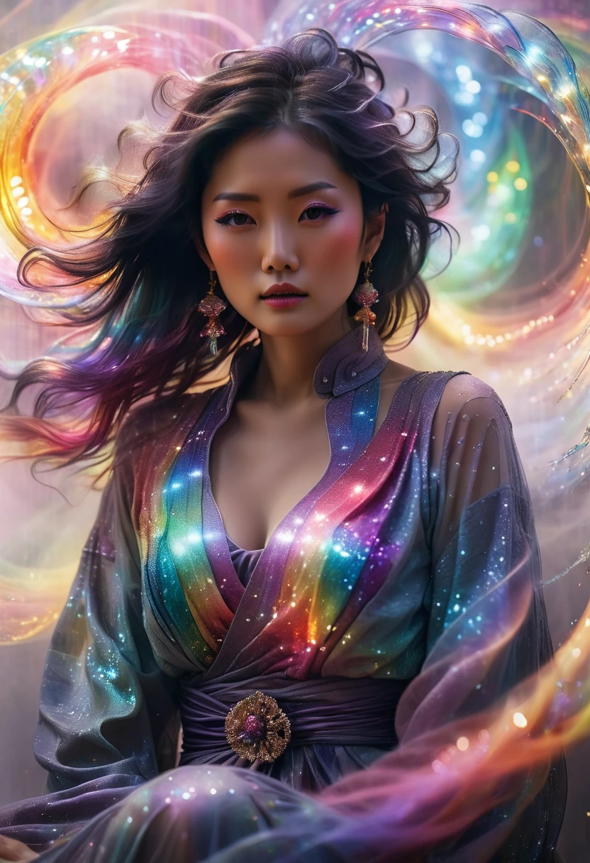 Mysterious Japanese women surrounded by sparkling light in a dreamy swirl of rainbow colors, abstract styles, and colorful smog
Mysterious Japanese women in a dreamy swirl of colorful smog, their heads adorned with crystals. Silence and elusive beauty, surrealism, colors and shapes, emotional expression, imagination, (ghost effect: 1.4), masterpiece, 32k UHD resolution, highest quality, high resolution, realistic photography, professional photography, cinematic angles, cinematic lights, full body from afar, cowboy shot, viewer view, seductive cleavage,