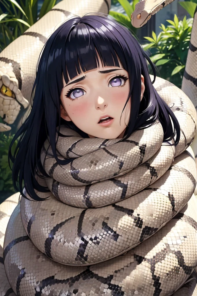 (Close-up of the painting style，ultra hd 8k，Masterpiece grade CG wallpaper)，Cinematic lighting，cute girly，Delicate and beautiful face，Dreamy pupils，Wearing a small floral blouse，bound waist,Green shawl,Bust poem,Sit，Cloudy background,long dark blue hair, Blunt Bangs,purple eyes,the trees,florals,summer,masterpiece, absurdres, 1girl, hinata\(shippuden\), solo, nude, looking at viewer,  messy hair, (her hair is long unraveled), hair detailed, (Best Quality), length hair, floating hair, large breasts, breasts out, best quality, highres, angry face, blush, beautiful detailed eyes, cleavage, snake, (coiled), (python), snake scales detailed, mad, restrained, masterpiece}}}, {{highly extreme detailed}}, solo, Focus on the girl, {orgasm}, {sweaty}, {{python sex}}, (((object insertion))), jangle, spread arms, interspecies, bestiality, (Giant python bestiality, Giant python sex, ((Giant python Rape)), Giant python Rape, Giant python Coils, Passionate Squeeze) (((Giant python coils, Passionate squeeze, ))), coils,((Hinata is wrapped around a giant python)), ((giant python rape)), giant python sex
