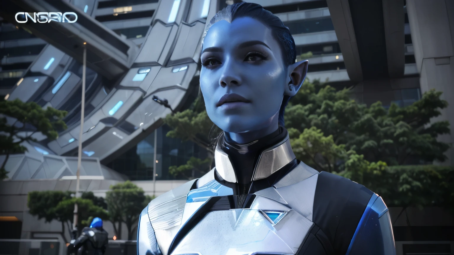 A woman in a futuristic suit and a futuristic building in the background, mass effect style, mass effect fantasy, mass effect, blue skin elf, extraterrestrial woman, mass effect inspired, wearing mass effect armor, mass effect artifacts, she holds iridescent films, with blue skin, Femshep, bioware, attractive sci-fi face
