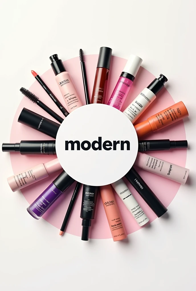 A logo for a beauty brand named "modern" with all colorfull beauty products around it and professionally detailed