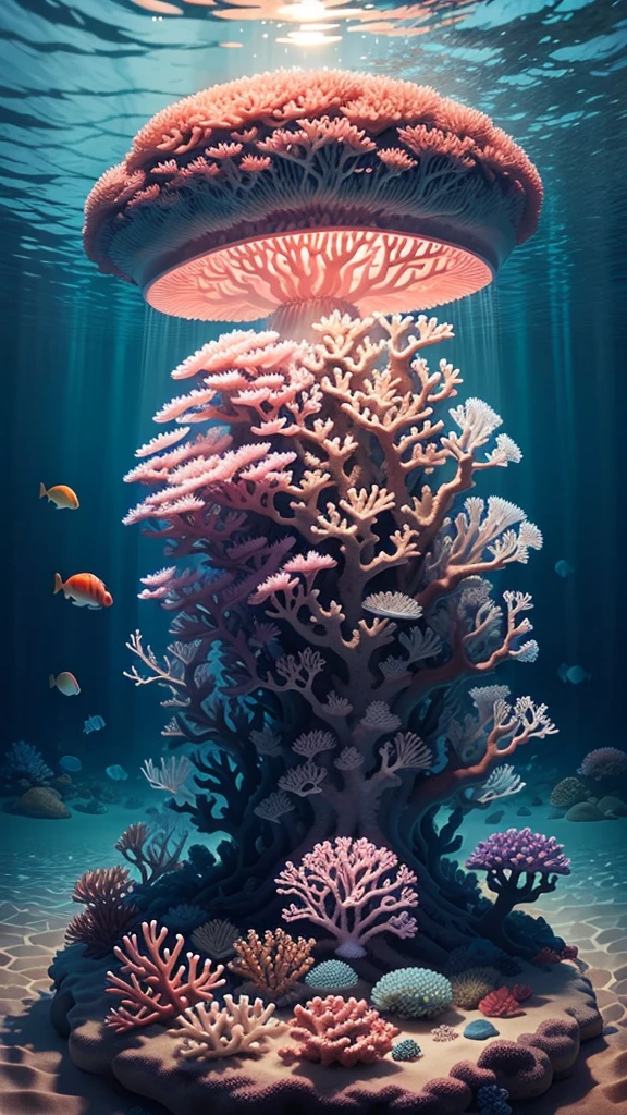 (Coral Reef,School of fish,jellyfish),Transparent fog,Hemispherical,Fantastic,Artistically,Beach sand background、Ghibli、Light shining from the sea surface、beautiful