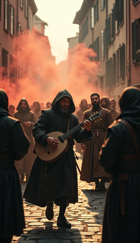 Close-up shot, Low angle shot, (A series of desperate measures being enacted in the streets of Strasbourg. In one part of the scene, musicians play frantic tunes on lutes and drums, trying to control the dancers, but their faces show fear and uncertainty. In another part, priests lead processions through the streets, swinging incense and chanting prayers, while the uncontrollable dancers continue to move. In the background, some homes have their doors and windows barred, with anxious faces peeking out, but the dancing plague continues unabated. The atmosphere is one of escalating desperation and helplessness) unreal engine, cinematic, hyper-real, highly detailed, hyper-realistic, ultra realistic HD --q 2 --v 6.1 --ar 9:16