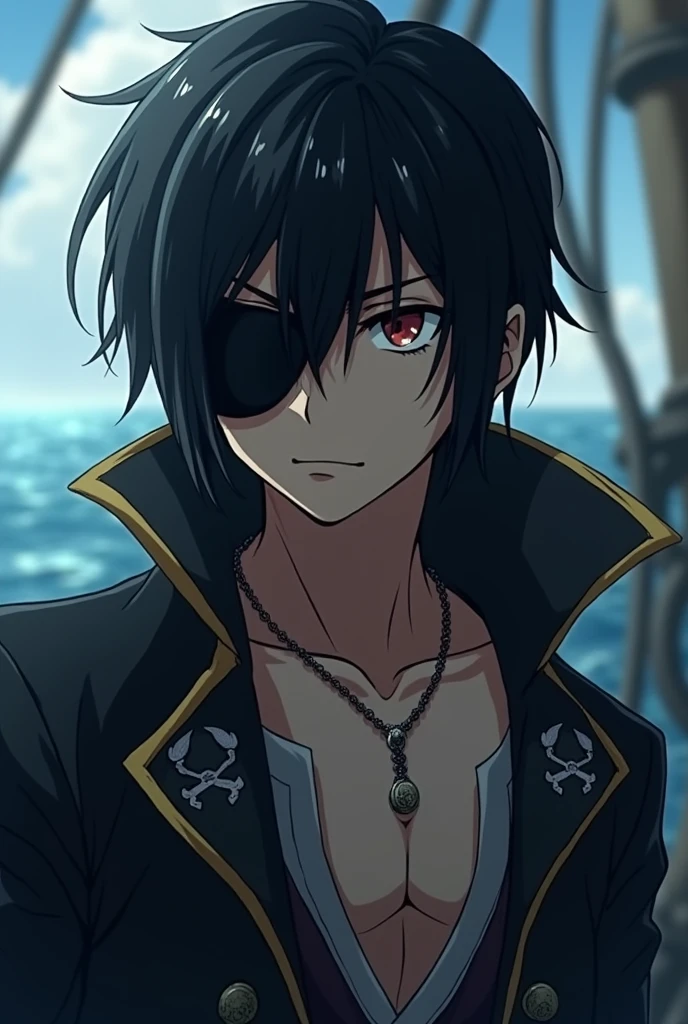 Create a character in the anime sense Pirate with hair on the eye and black Put on mask Boy