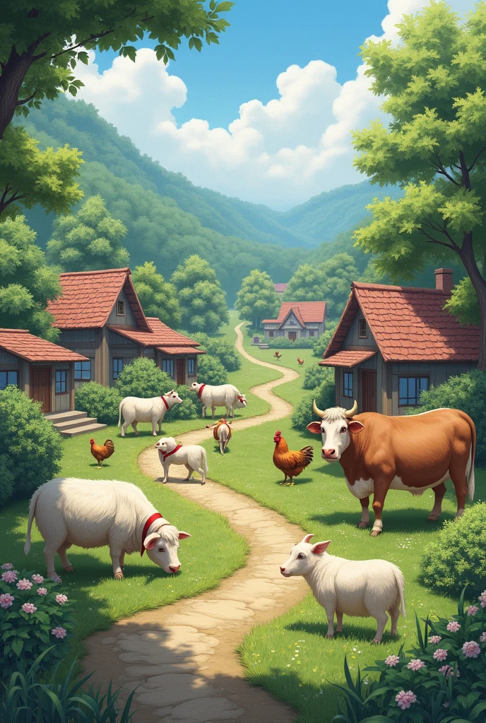 Animals rear in village, realistic, highly detailed.