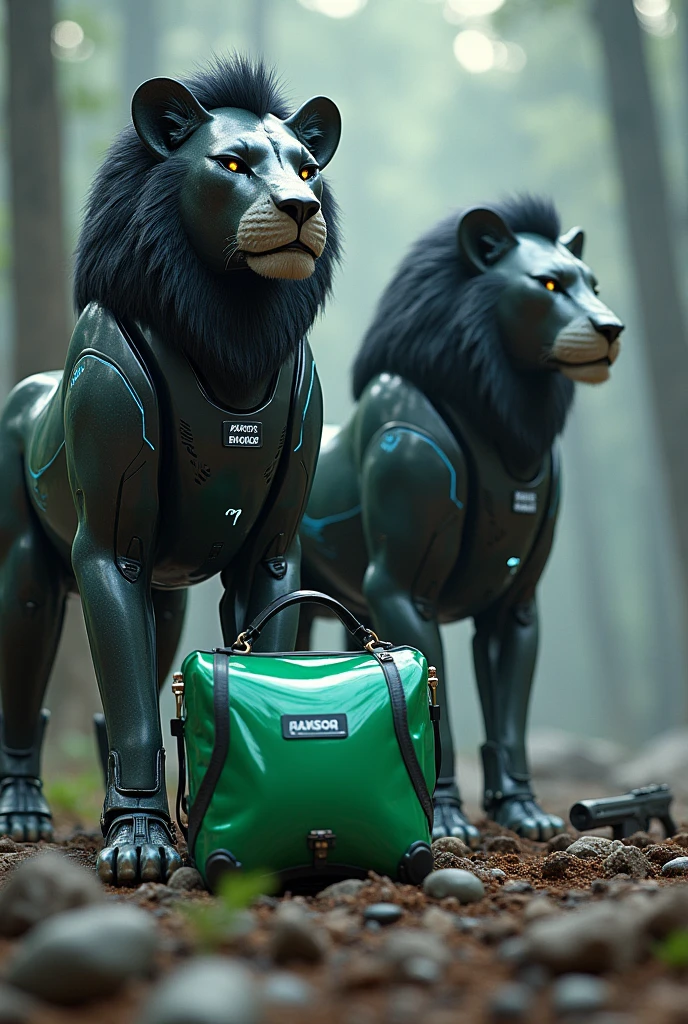 Lion king robotic shots dezine blue and black showing gun with green bag background rock forest name tags logo backside name tags logo. Sahil maker 
