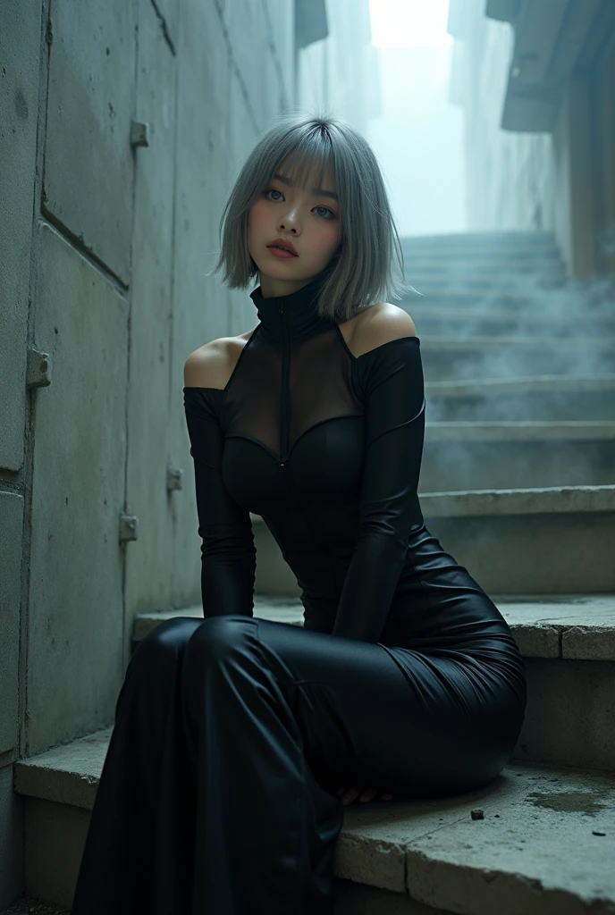 masterpiece, Best Quality, hyper Realistic, A mysterious and sophisticated beautiful young gravure Japanese woman with blue eyes wears futuristic and sexy fashion art. sitting, below shot,, Detailed clothing butt, woman is climbing at a wide angle, with her full body in frame. large Butt, sexy large breasts, slim waist, Create an image of a sophisticated black dress designed for a formal setting. The dress should have a sleek, body-hugging silhouette that reaches the knees. The material should be a shiny, luxurious fabric like satin or silk, giving the dress an elegant sheen. The dress should feature decorative ribbon-like elements made from the same material, randomly placed across the dress to add texture and movement.

The neckline should be high, covering the collarbone, while the shoulders are exposed, adding a touch of modernity to the classic design. The model in the image should wear pointed black high heels to elongate the legs and complement the dress. The background should be simple and clean, allowing the focus to remain on the dress’s design and details. Ensure the overall aesthetic is refined and chic, suitable for a fashion lookbook or an online store display.

This description should guide the AI to generate an accurate representation of the outfit while highlighting the key design elements.  hyper small head and face, wide and big Duck mouth, half open mouth, perfectly aligned teeth, perfect beautiful wide teeth, Detailed eyes, light blue eyes, half open eyes, shiny Droopy eyes, gray hair, looking other, She is situated within the interior of a futuristic colony, with mist drifting and steam rising from concrete