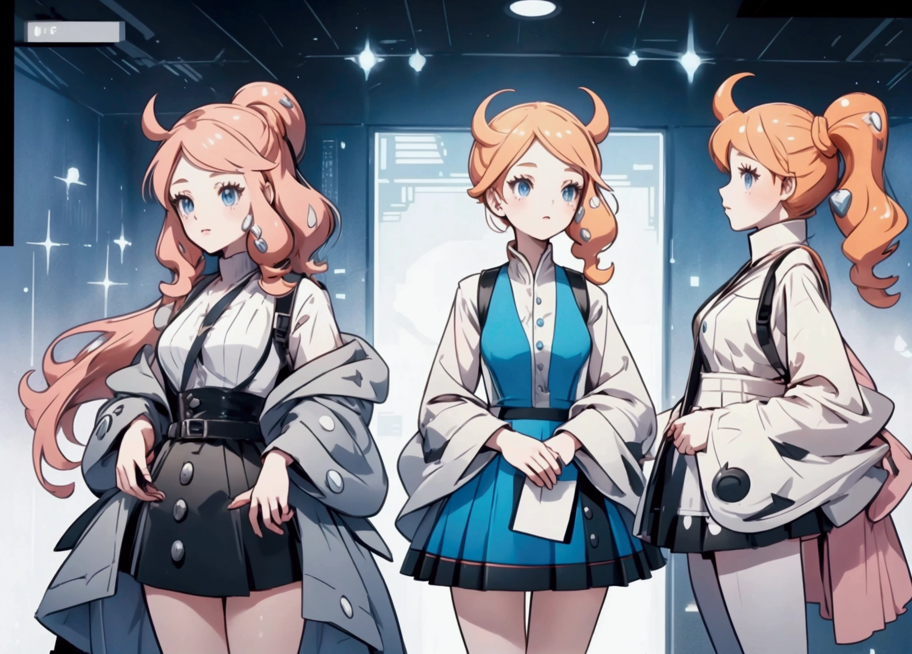 Sonia,pokemon,Standing Girl, cute, 1 girl, , 4-sided design, Diagonals, front, back, profile, Head to body ratio 5, character sheet, whole body, simple background, Four perspectives, tactical gear, bulletproof vest, Good quality, high detail, researcher,Pokemon bowser,ultra detailed, masterpiece, best quality, aesthetic, detailed