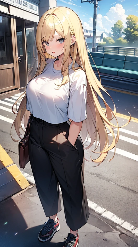 (Masterpiece, Top quality:1.5), full body, (1 beautiful girl:1.2), (Round eyes, big eyes, droopy eyes:1.3), (tethered pants:1.3), (blonde hair:1.2), long Hair, straight Hair, asymmetry bangs, swept bangs, (large breasts:1.2), junior high school student, shy:1.3, blush:1.3, beautiful scene of station platform, open mouth, dynamic pose, dynamic angle