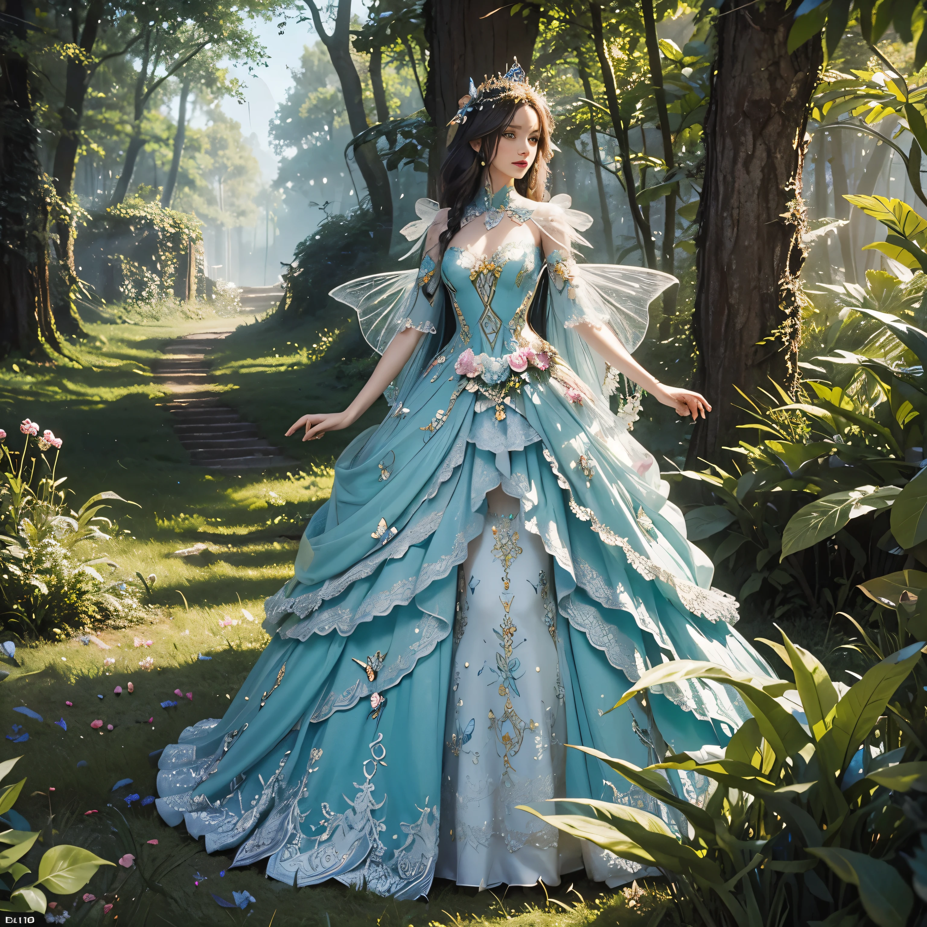 A mannequin with 3D flower and butterfly dress, is standing in the forest, costume dress, magical dress, ethereal fairy tale, intricate costume dress, beautiful costume, lady with bright flower dress, costume costume, beautiful adult fairy queen, very magical and dreamer, in an extravagant fairy tale forest, Fairy Queen, intricate long dress costume, and