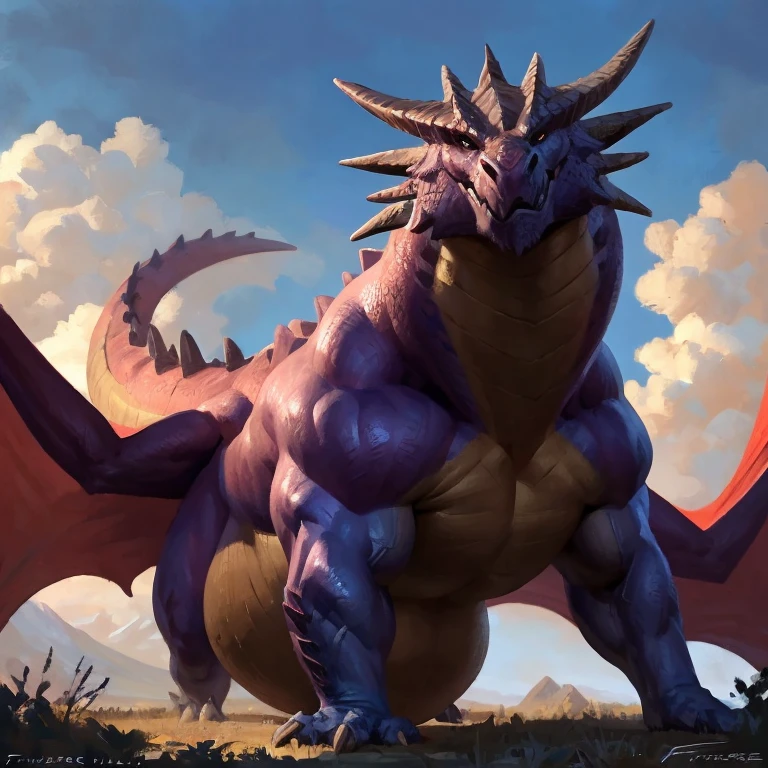 Detailed painting, by Taran Fiddler, closeup, outlook view, wide angle, dragoness, full body, feral, dainty, friendly, colorful, rounded snout, wings, pregnant-like belly, round belly, dominant belly, huge belly, bloated belly, big muscles, wide body, thick body muscles, powerfull muscles, beefy muscles, thick neck, beefy neck, tall, voracious, glutonous, enormous, giant, gigantic, colosssal size, gargantuan, kaiju, powerfull look, badass look, looking at viewer