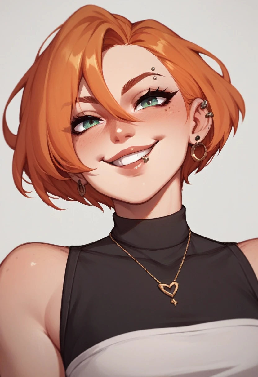 A girl, ginger with short hair, who wear drak baggy clothes and have a lip piercing. She have a kinda dark make up. And a cute smile 