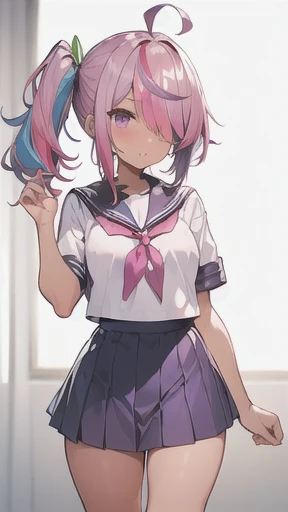 ((skinny)),((Wheat skin)),(tall,tanlines),(side ponytail,ahoge,One eye is covered by hair),((purple hair)),(fluorescent pink streaked hair),(Sailor school uniform)