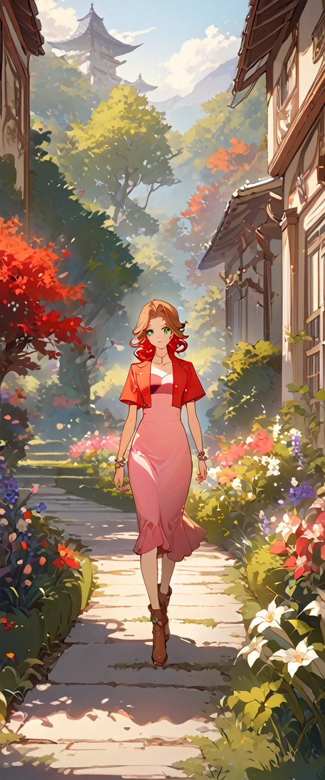 masterpiece, best quality, 8k, 4k, 1girl, aerith gainsborough, brown hair, high middle bang, longer side curly bang, long tight curly ponytail, green eyes, red hair ribbon, red bolero jacket, short sleeve jacket, cropped jacket, black tie choker, long pink straight dress, brown boots, bangles, walking in a garden, flowers, detailed background,, inspired by Asukaziye artist : ask, art style : ask