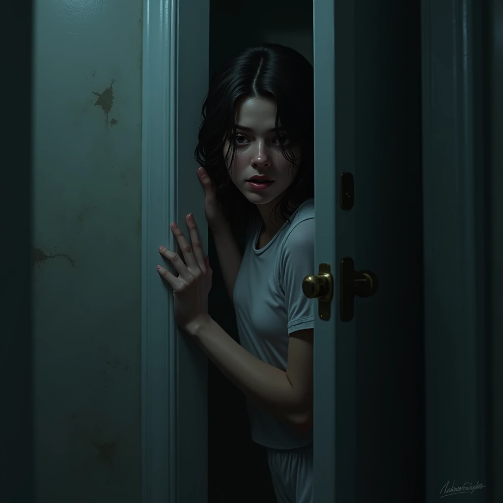 In a small, poorly lit bathroom, the cold, damp walls reflect the tension that dominates the environment. the brunette woman, with 1,65m tall and dressed in simple pajamas. Their eyes, wide-eyed and full of terror, are fixed to the door, as if your life depended on every second that passes.
with trembling hands. The woman leans against the door, pressing your body against her, as if the weight of her own strength could keep something from the other side from invading her.
Your breathing is rapid and shallow, each exhalation marked by a mixture of fear and adrenaline. the bathroom, with its dim light, reflects her pale and trembling figure, capturing the image of a person on the brink of despair. The feeling of being trapped is oppressive, with the closed door being the only barrier between her and the unseen danger that lurks.
As the woman desperately tries to control her fear. The closed door, although it offers a momentary sense of security, also becomes a symbol of your vulnerability, trapped in a small, claustrophobic space, where the tension grows every second, feeding the terror of what might happen next.