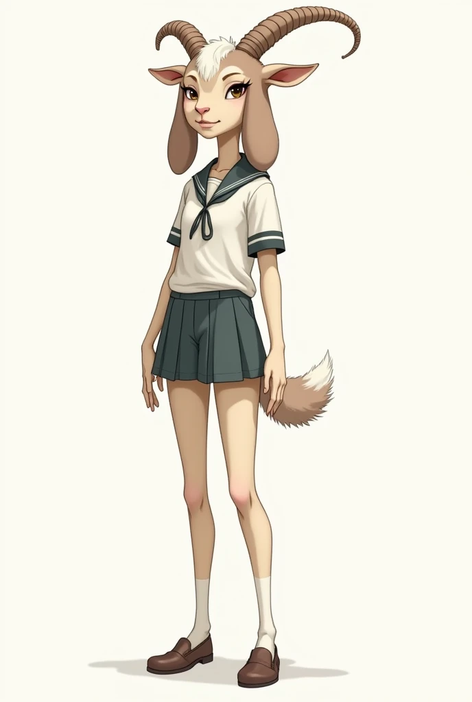 (furry) An anthropomorphic animal girl, a herbivorous goat species, tender, tall, medium-sized brown eyes, Arms, legs and hands more human than animal and taller, standing with long, human-like legs, black school shoes, and human-like, long, pretty hands. beastars manga style face, *no hair* goat snout. and a small tail like a goat. A goat adult. Please with youthful clothes. a little more full-bodied.