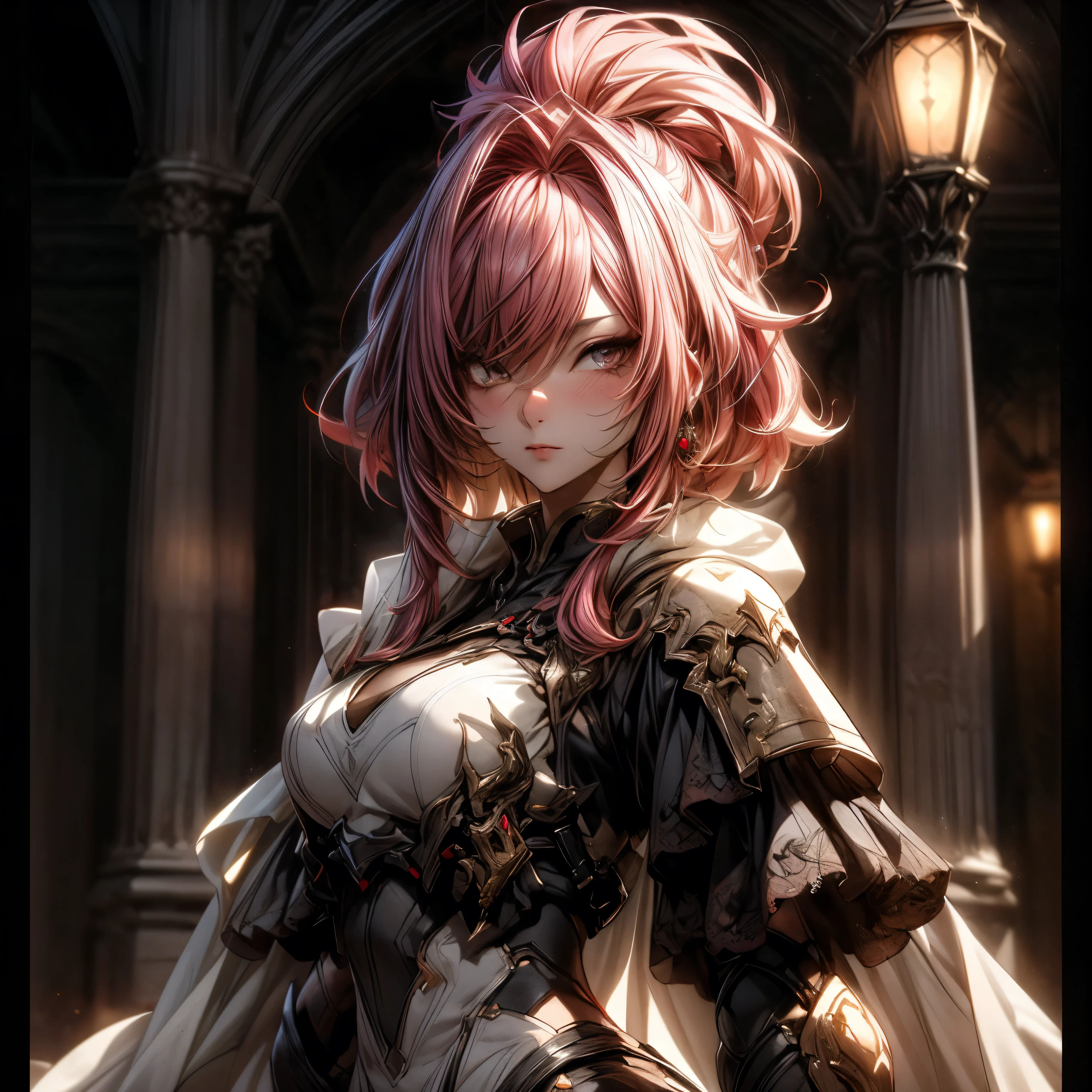 (best quality)), ((Masterpiece)), (details:1.4), 3d, HDR (high dynamic range), an image of a beautiful cyberpunk female, Medieval, Pink hair, Curtain Bangs, Beautiful White eyes, จมูกโด่ง, ปากแดง, หน้าอกใหญ่, nvidia RTX, PBR surface, After processing, Anisotropic filtration,depth of field, Maximum clarity and clarity, multi-layered surface, Subsurface scattering, perfect proportions, 8K raw files, ultra detailed, Perfect proportions, volumetric lighting, soft lighting, Holy Paladin, Heavy Silver Armor, Red dress, glossy skin, intricate Golden embroidery, Castle Hall background, jewely, ต่างหู, นิ้วมือสมบูรณ์,