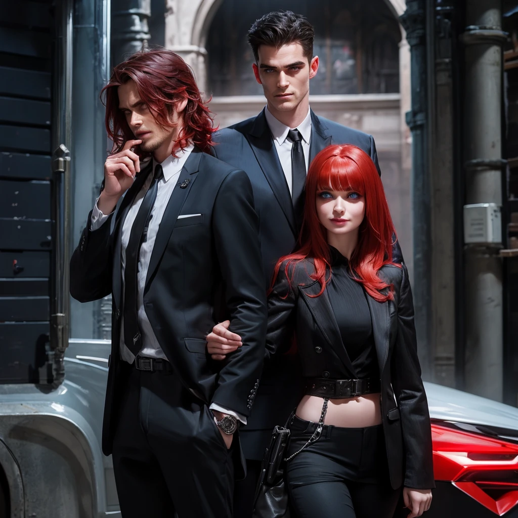 serious man, blue colored eyes, messy red hair and side bangs. pistol in hand. black and gray suit. sarcastic smile. handcuffs stuck to the belt. black pants. black shoe. black cloack. sharp toothed smile. Red fox ears with black detail. Large scar on left eye. Una mano sulla vita e l'altra che tiene alzata la pistola, mentre sul braccio c'è una manette 