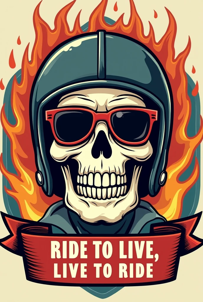 Written motorcycle club emblem "IRON HORSE" with a fun skull wearing a helmet with dark glasses in a 50&#39;s cartoon style, fire or lightning with funny smoke, underneath there is a ribbon written "Ride to Live, Live to Ride"