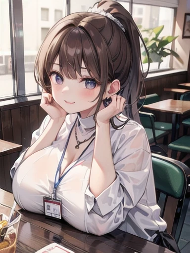 In restaurant, table, ice cream, cookie, candy, milk, restaurant, High resolution, 8k, masterpiece, Highest quality, One girl, Curled brown hair, ponytail, Mature Woman, OL, Business Girl, White shirt, Nameplate, ID card, Earrings, necklace, Bare Chest, Large Breasts, Huge breasts, breasts on table, breastplate, elbows on table, Elbow rest, Chin rest, Open your mouth, Smile