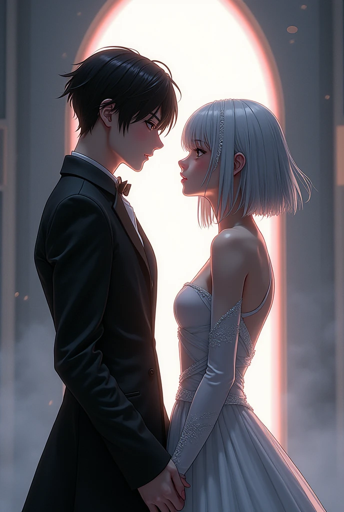 Sanakan and Cibo from Blame! Manga in a wedding dress), (sci-fi theme) Eyes staring at each other, suit black hair, dress striking silver hair, Futuristic atmosphere of the outfit A soft but bright light shines from above. Intimate and romantic atmosphere Highly detailed, exceptionally detailed, cinematic quality, emotionally charged scenes. 