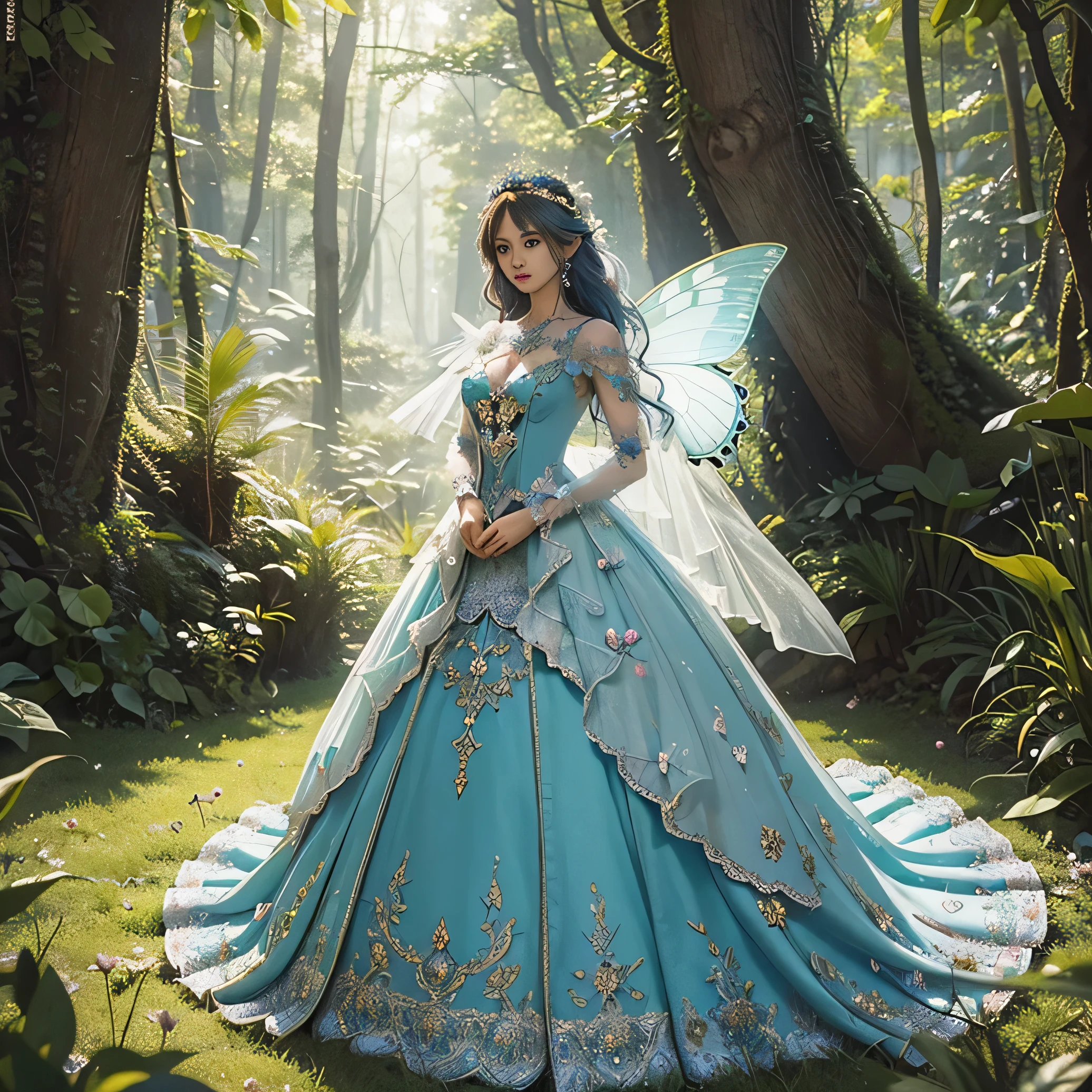 A mannequin with 3D flower and butterfly dress, is standing in the forest, costume dress, magical dress, ethereal fairy tale, intricate costume dress, beautiful costume, lady with bright flower dress, costume costume, beautiful adult fairy queen, very magical and dreamer, in an extravagant fairy tale forest, Fairy Queen, intricate long dress costume, and