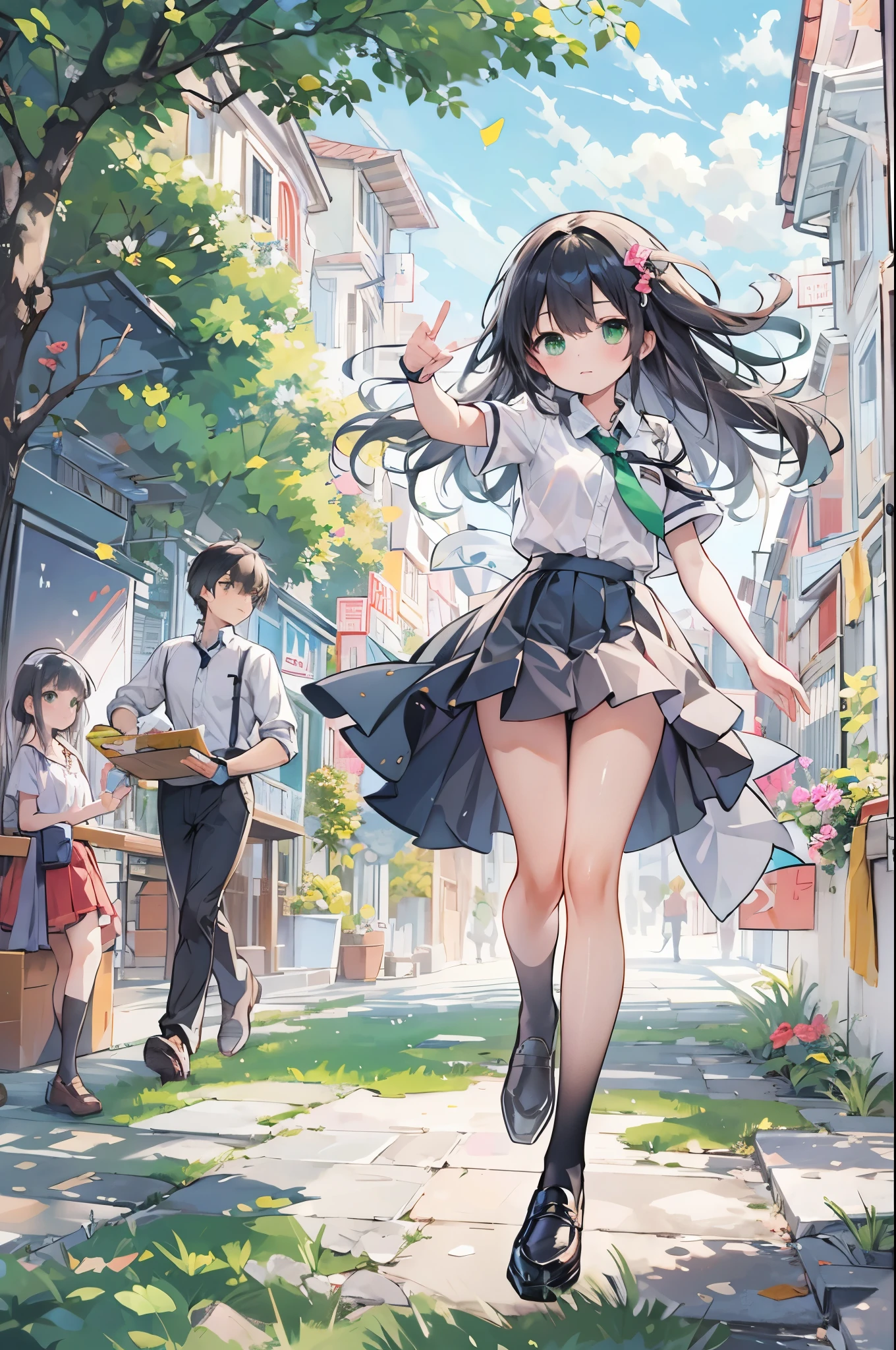 ((Highest quality, 8k, masterpiece: 1.3)), whole body,1 personの,1 person,,Glamorous Body,cute,Grim expression,Black Hair,Beautiful emerald green eyes,Long Hair,Eat a slice of bread,Sprinting,Run,Landscape,((White short-sleeved blouse,tie)),((Green pleated mini skirt,loafers)),School zone,