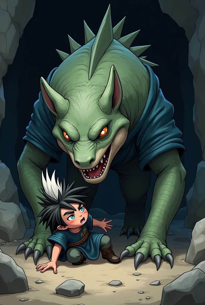 An anthropomorphic youthful slender wolf cub with black and white fur, blue eyes and a striking white mohawk hairstyle wears a dark blue, baggy medieval tunic shirt with dark green, T-shirt-like short sleeves. in animated drawing style. He finds himself in a dark, dark cave. A huge evil monstrous lizard creature, which is significantly larger than the wolf cub, has already grabbed the panicked wolf cub by the head and is pressing him firmly to the cave floor with his claws. The monster drools, while trying, to devour the wolf cub. animated drawing style