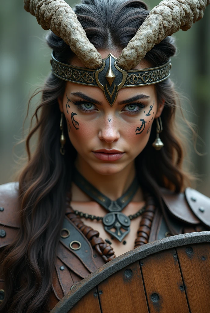 Close up face of beautiful viking queen, wooden shield in hand, eagle wings crown , tribal design on the eyes, Angry, bone ornaments on the neck, leather armor, focused