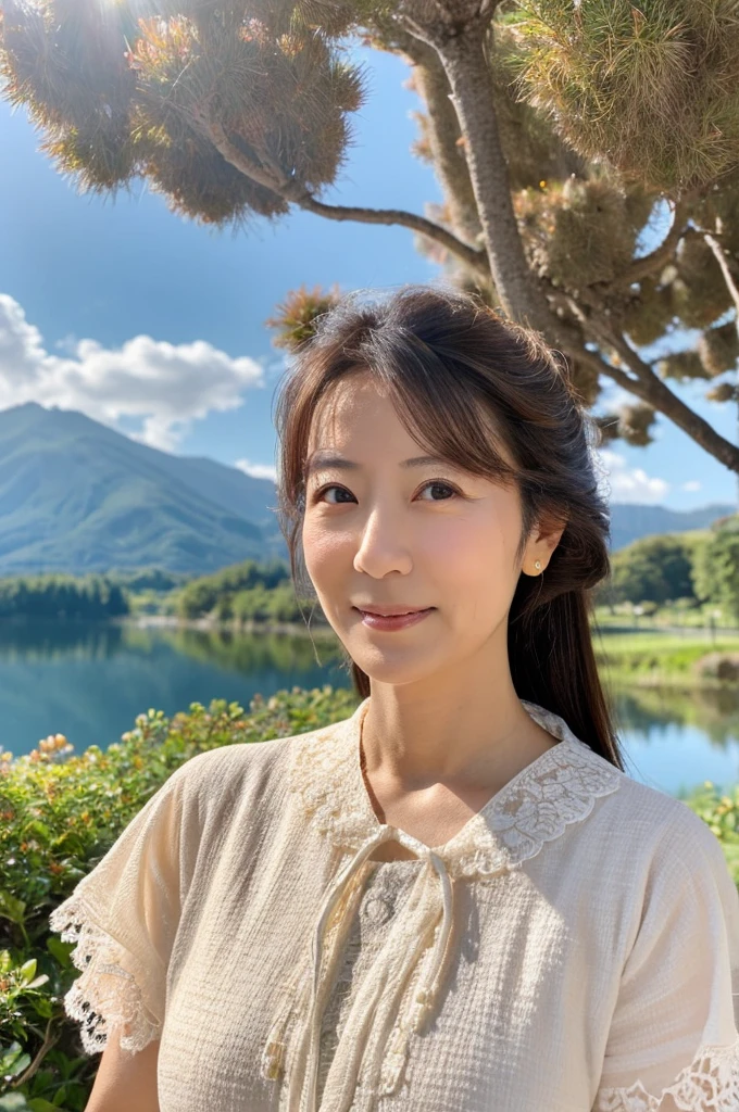 ((Highest quality)), ((masterpiece)), (detailed), Perfect Face,Japanese,landscape,Mature Woman,Upper Body,F Cup