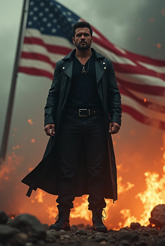 Medium build male with short black hair wearing black shirt pants and black boots with black leather trench coat smoke and fire with American flag background 