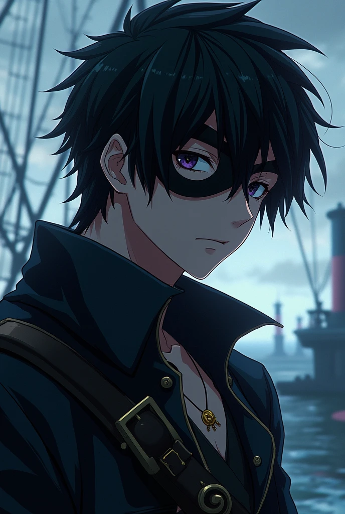 Create a character in the anime sense Pirate with hair on the eye and black Put on mask Boy 