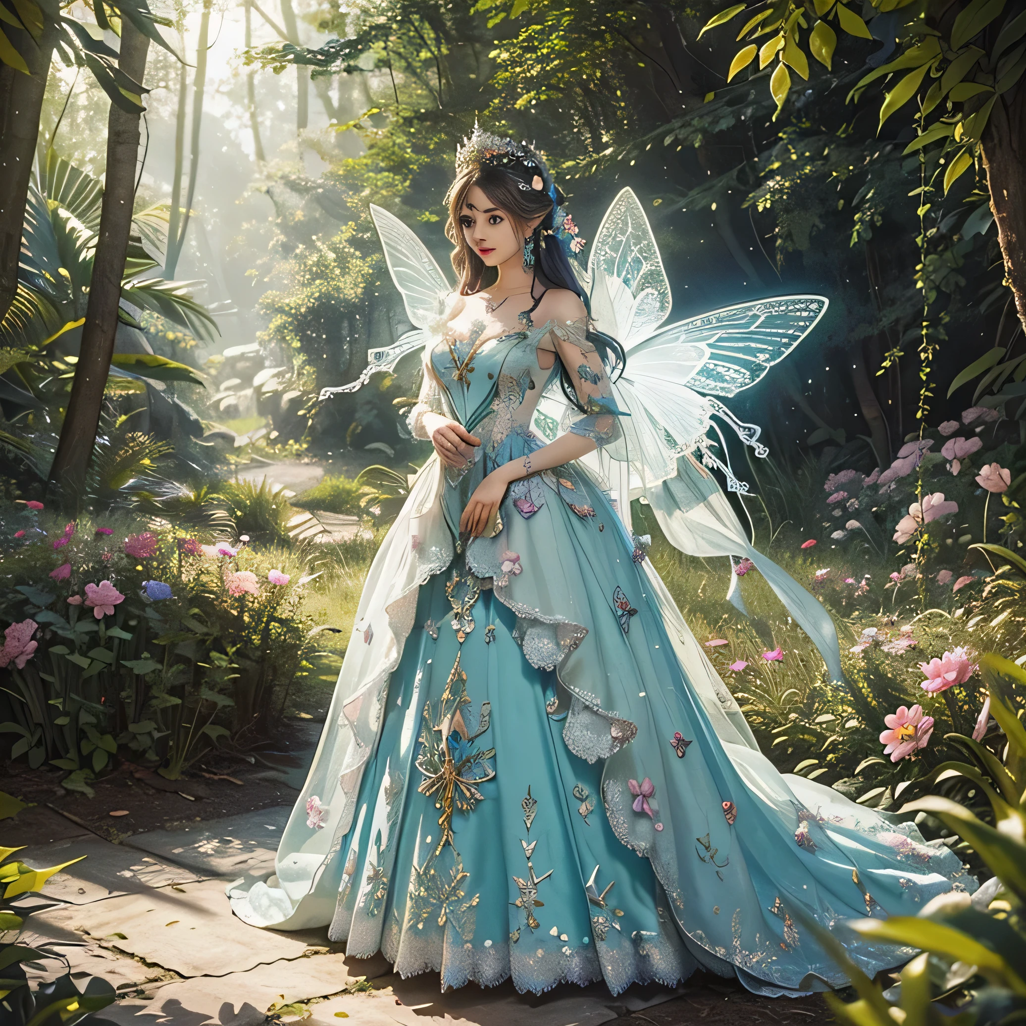 A mannequin with 3D flower and butterfly dress, is standing in the forest, costume dress, magical dress, ethereal fairy tale, intricate costume dress, beautiful costume, lady with bright flower dress, costume costume, beautiful adult fairy queen, very magical and dreamer, in an extravagant fairy tale forest, Fairy Queen, intricate long dress costume, and