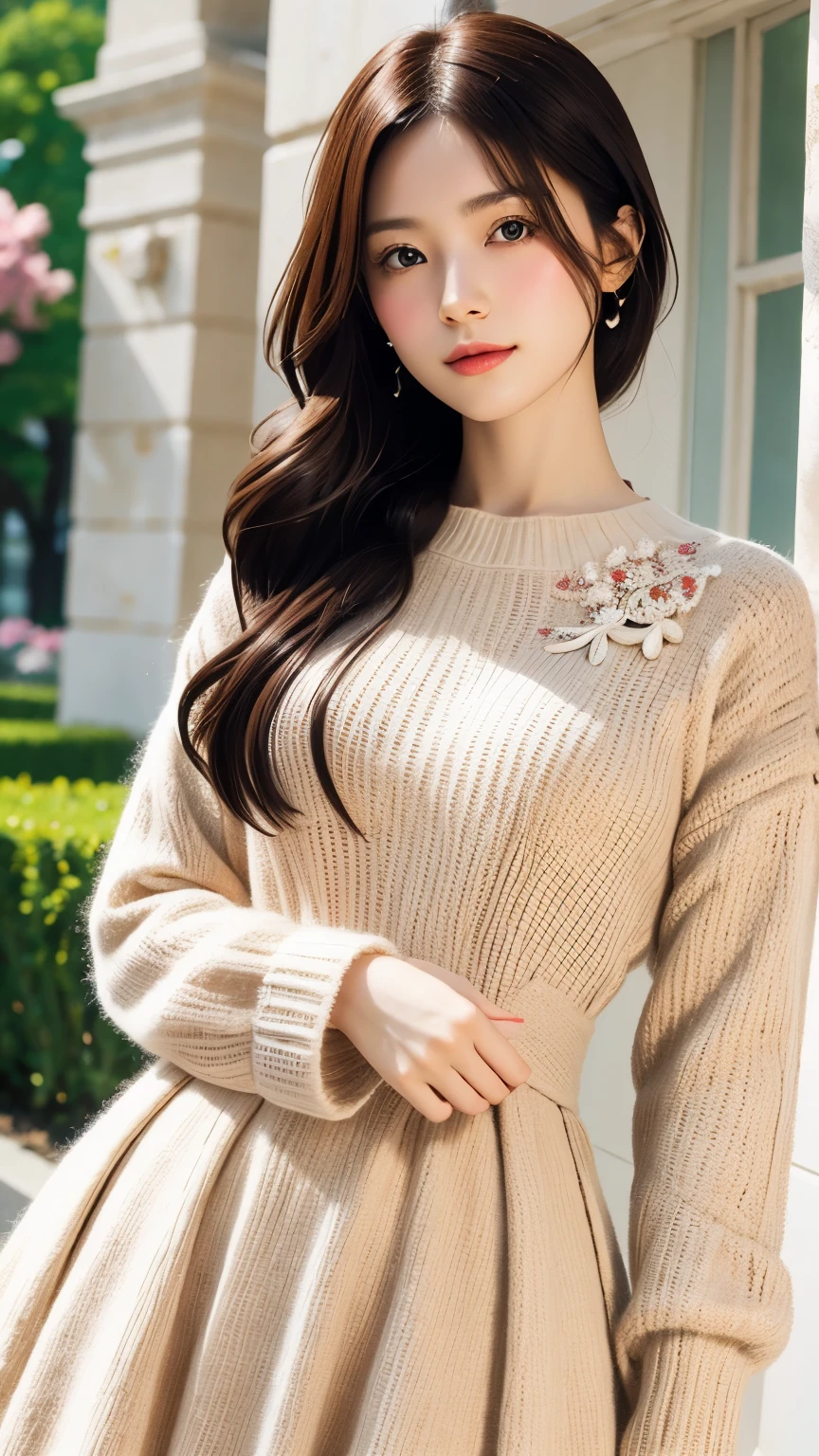 Female Adventurer, whole body, Game Art Style, (masterpiece), Highest quality, High resolution, 4K, 8k, Detail View, Intricate details, Cinema Lighting, Great quality, 1 person、Elegant red and white lace style dress、A red and white line dress made of intricate and artistic lace、Pretty dress、Super Luxury Dresses、Beautiful black hair, Great Shade, Soft lighting, To the camera, Perfect Eyes