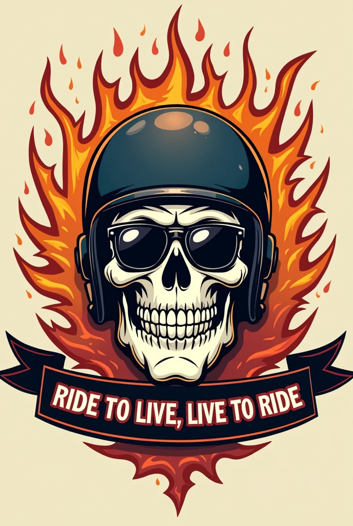 Written motorcycle club emblem "IRON HORSE" with a fun skull wearing a helmet with dark glasses in a 50&#39;s cartoon style, fire or lightning with funny smoke, underneath there is a ribbon written "Ride to Live, Live to Ride"