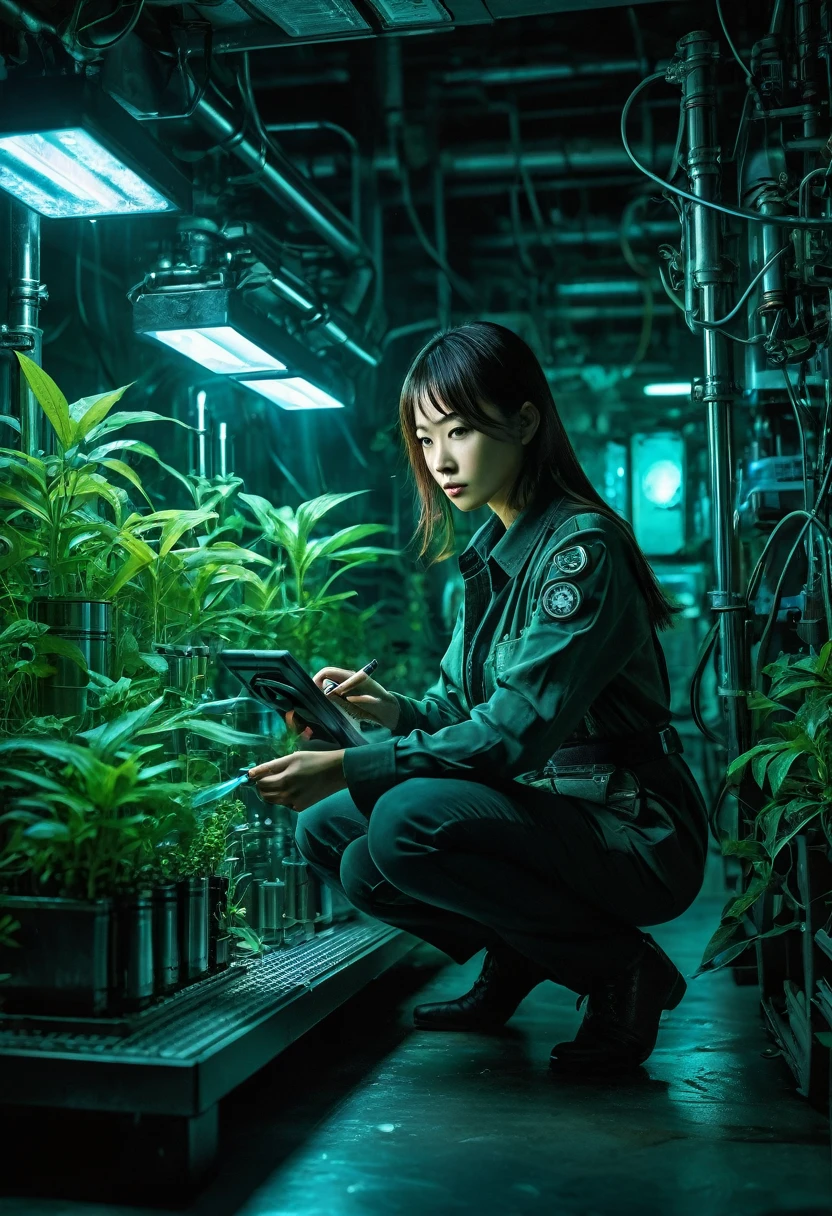 Genius botanist lady ducktail Misaki, she crouching behind an elaborate metal device, holding a tablet with incriminating data, and in her other hand a weapon she holds a standard flashlight, A futuristic secret laboratory, rows of glowing cylindrical containers filled with rare clematis, bioluminescent plants emitting an eerie blue-green light, Alarms blinking red, steam hissing from pipes, floor reflective, holographic display showing molecular structure of plants, vial of liquid glowing in foreground, exit sign illuminated in distance, cinematic action scene composition, saturated colors, lens flare, ultra-detailed, intricate detail Highly Detailed Eyes, Faded, 16K resolution, RAW, Nikon Z9, Creative, Masterpiece, Fantasy, High Definition, High Quality, 8k, Realistic, Dramatic Lighting, Soft Focus, Digital Illustration, Intricate Mechanics, Advanced Techniques, Dark Background Cinematic, High Contrast, High Contrast Atmosphere, (Best Quality, 4k, 8k, High Definition, Masterpiece: 1. 2), Ultra-Detailed, (Realistic, Graphic, Photorealistic: 1. 4) -- No Glass --AR 16:9 --Stylize 1000