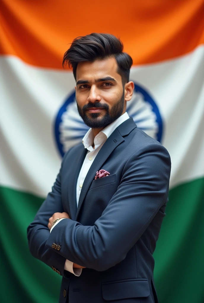 Indian 24 year young one professional boy Beard haircut And eye to eye stand position Indian flag background
