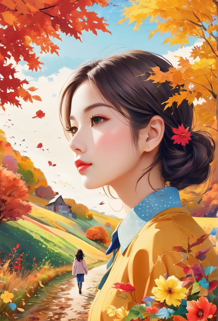 Watase Seizo style, whole body，Low - Angle, autumn, woman, Simple line initials，Abstract art，Countryside Background, (((The most beautiful girl))), Lips in Love, walk, Colorful flowers, colorful, Monsters Surrounding the Woman, kid