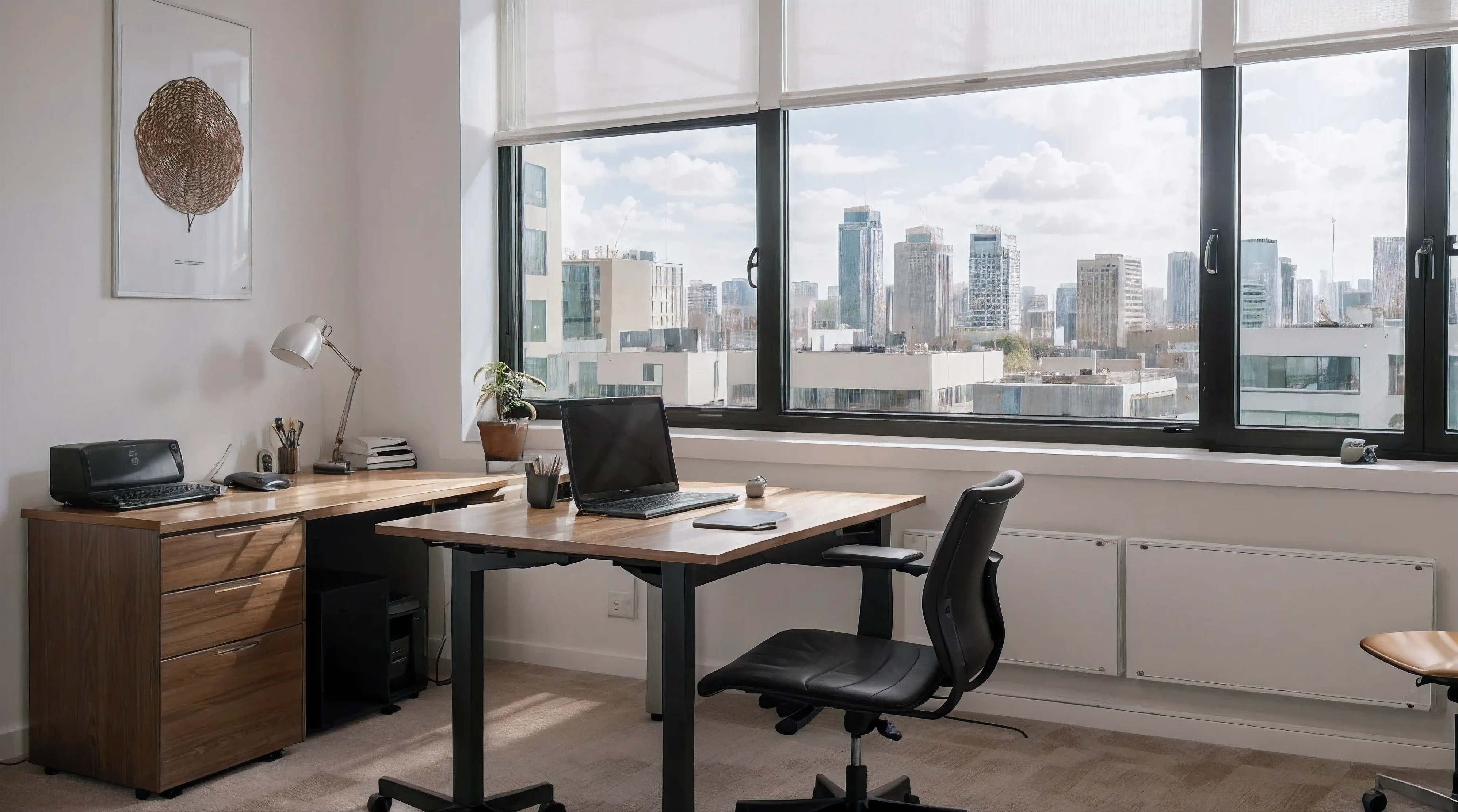 Modern and minimalist office, A large, elegant table is the highlight of the room.. The table is made of high quality wood, Smooth surface and perfect finish. She is strategically positioned at the front of the room., opened, Bright space. On the table, The most advanced desktop computer, With a high-resolution screen and powerful tower. The keyboard and mouse are perfectly matched, Ready to use. Right side of the computer, There is a coffee mug and a notepad., Indicates that someone has worked there recently. The office chair is placed in front of the desk, With your back to the observer. It is an ergonomic chair, Adjustable backrest and black upholstery, Provides comfort even during long hours of work. Empty chair displayed in third person view, Inspire your audience to sit down and get to work. Deep inside the office, There is a wall of tall windows that let in natural light.. Behind the window, You can see the cityscape of the city, Providing inspiring and relaxing views. The walls are painted in neutral colors, Like white or light grey, Accentuate the beauty of your desk and computer. The office doesn't have a kitchen., The focus is entirely on the desk and workspace. Typically, The office conveys a sense of tranquility and productivity. A minimalist and uncluttered space, Designed for maximum efficiency and focus. Previous table, Using your computer in the background, For those looking for a calm and stimulating workplace、Create a professional and welcoming atmosphere。. No one is concentrating at the table using a computer, Industrial style、A large room with several computers in the background
