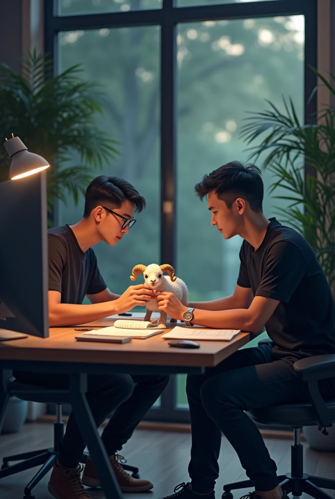 There are two friends in the trading room and there is money on the table. Ram should be small. Computer setup and small room and five computer black shirt pant