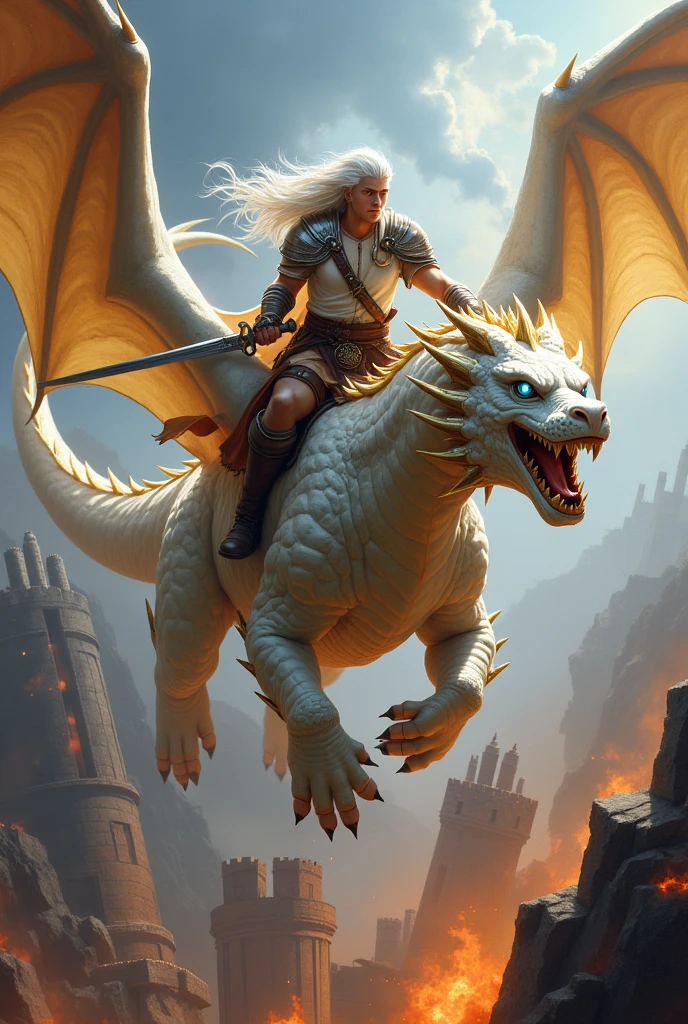 A male paladin with long white hair and a sword in his right hand flying on top of a muscular white celestial dragon with an angry face and white and golden wings and blue eyes and flying in attack mode over a burning castle,the paladin must have the brave face in attack mode 