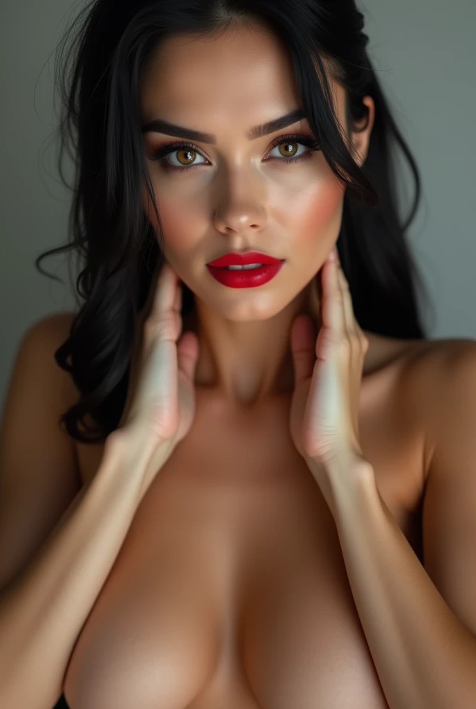 close-up, extreme close-up, close-up portrait, portrait, ultra realistic, photography, long black straight hair in a ponytail, elegant braided hair, (30 years old, hazel eyes, hourglass figure, perfect fit body, natural big breasts), firtatious look, crimson red lipstick, femme fatale, she is a sex icon, she is a sex goddess, long eyelashes, cat-eye make-up, she is completely nude, she is completely naked, highlight her cleavage, highlight her curves, she has her hands on her neck and her head slightly falls backwards, her eyes focus the camera and her lips are slightly parted