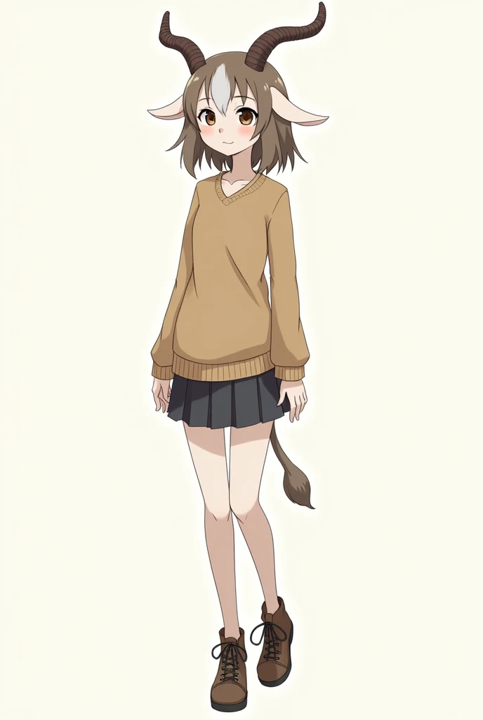 (furry) An anthropomorphic animal girl, a herbivorous goat species, tender, tall, medium-sized brown eyes, Arms, legs and hands more human than animal and taller, standing with long, human-like legs, black school shoes, and human-like, long, pretty hands. beastars manga style face, *no hair* goat snout. and a small tail like a goat. A goat adult. Please with youthful clothes. a little more full-bodied.