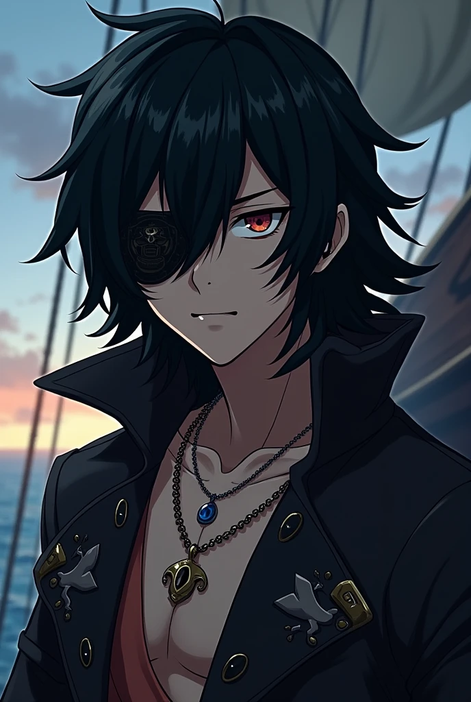 Create a character in the anime sense Pirate with hair on the eye and black Put on mask Boy 