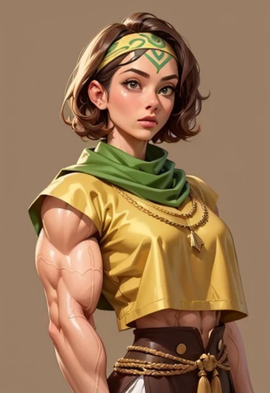 uma pirates wearring realistic pirates cloths,30 years old, latina woman, face looking up, ((curly hair)) , ((gigantic muscles), (gypsy), brown skin, mature, short hair, Stand up, maquiagem, Lips are soft or colored, light, uncontrasted, flat wallpaper background, silhuetas simples, lineart, minimalist, green eyes, ((gold bandana on forehead))